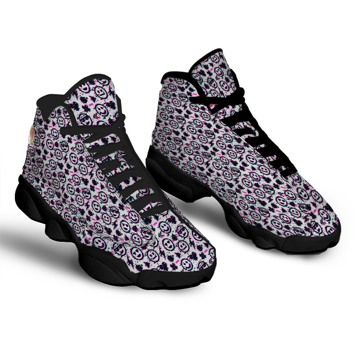 Emoji Glitch Neon Print Pattern Black Basketball Shoes-grizzshop