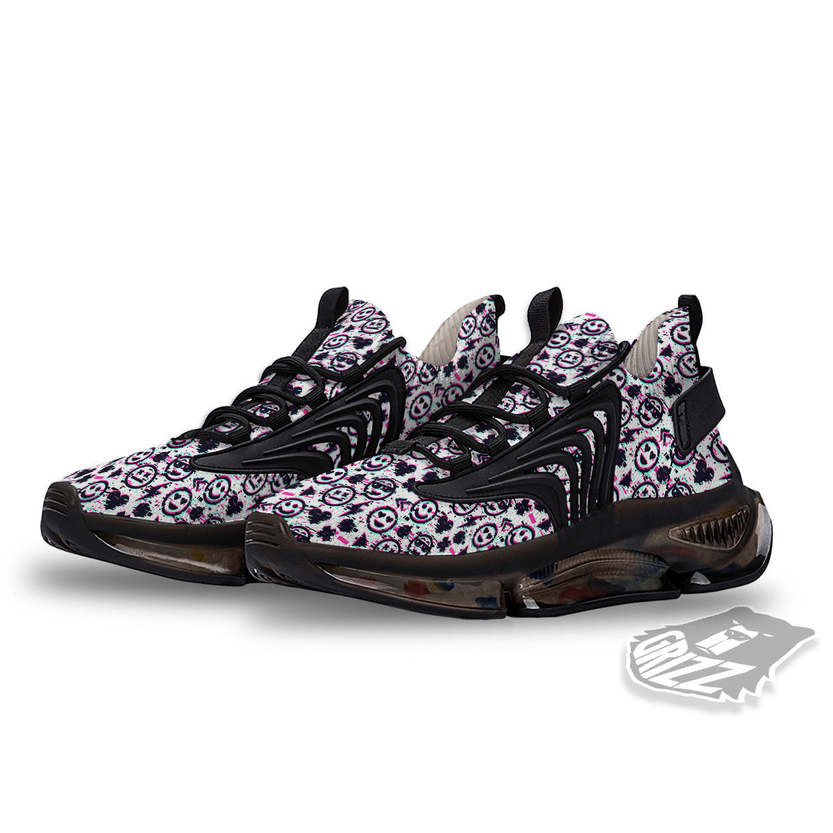 Emoji Glitch Neon Print Pattern Black Gym Shoes-grizzshop