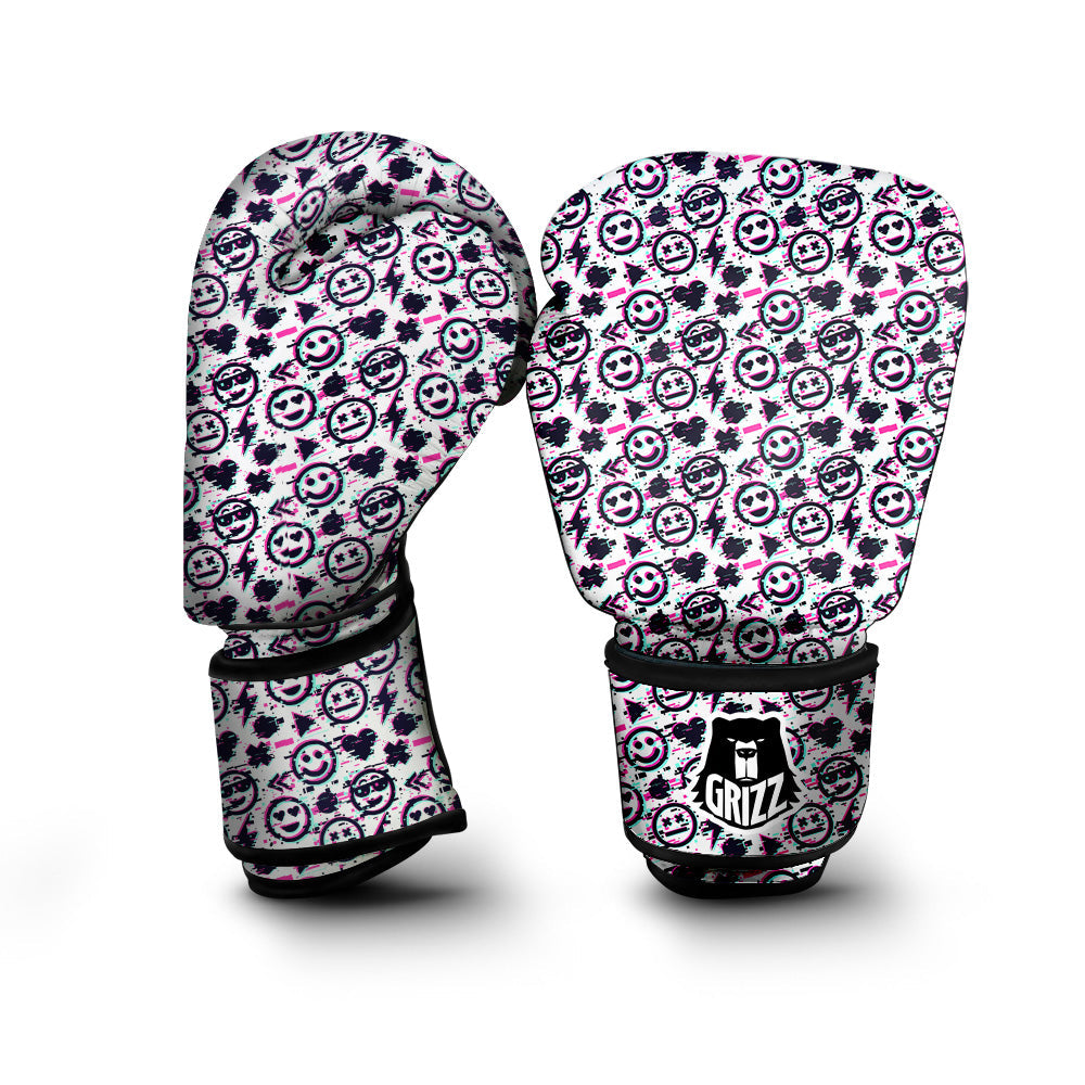 Emoji Glitch Neon Print Pattern Boxing Gloves-grizzshop