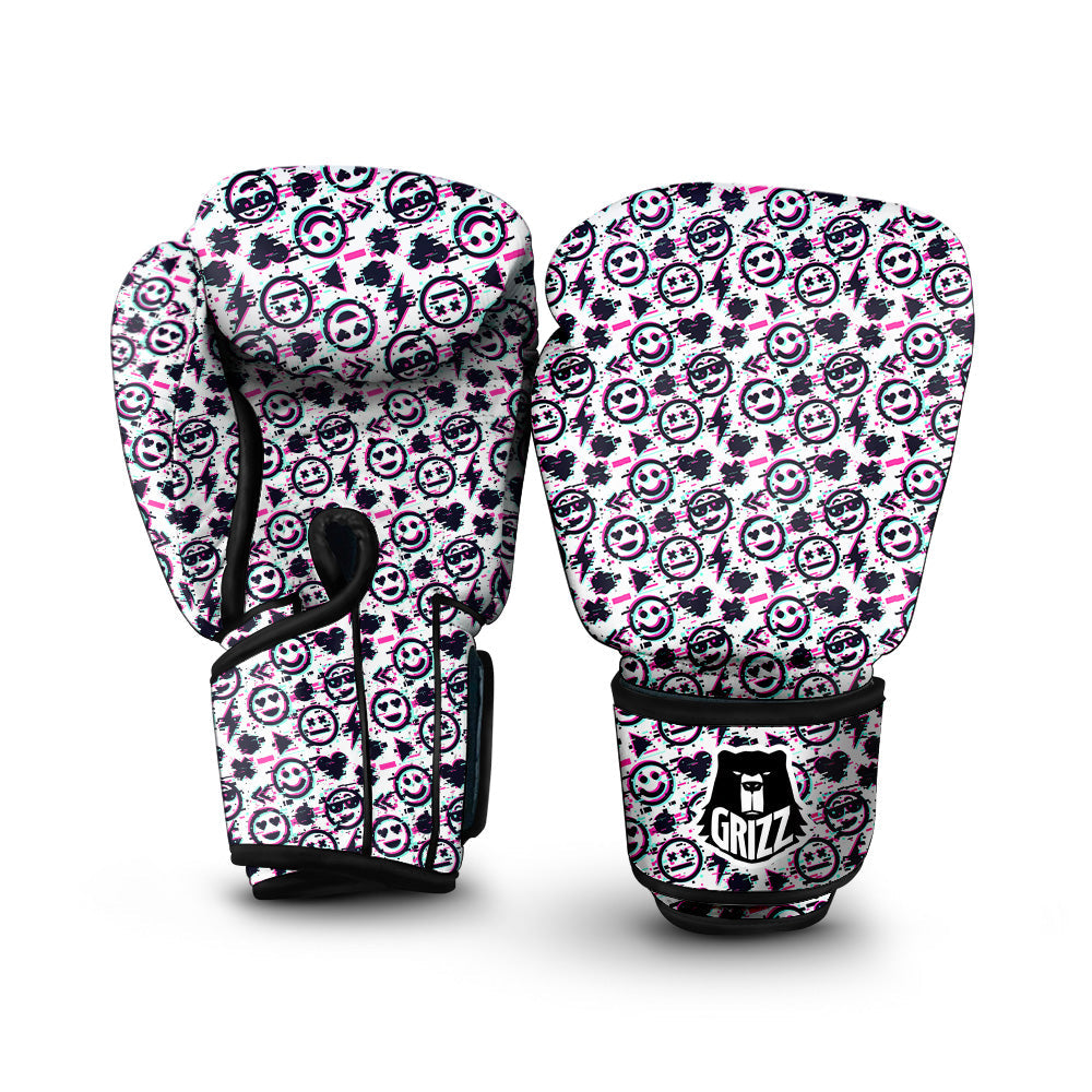 Emoji Glitch Neon Print Pattern Boxing Gloves-grizzshop