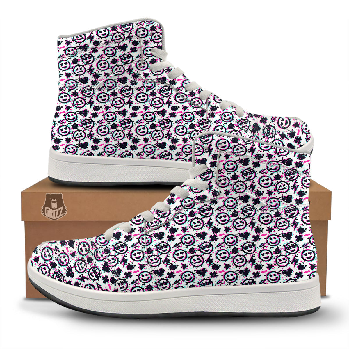 Emoji Glitch Neon Print Pattern High Top Sneakers-grizzshop