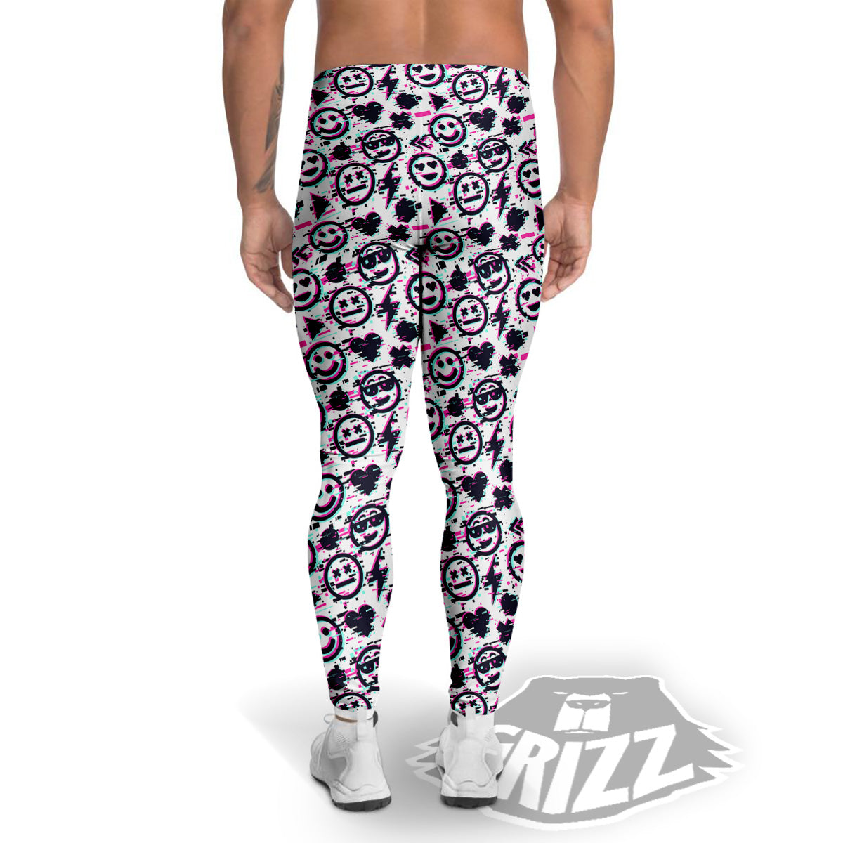 Emoji Glitch Neon Print Pattern Men's Leggings-grizzshop