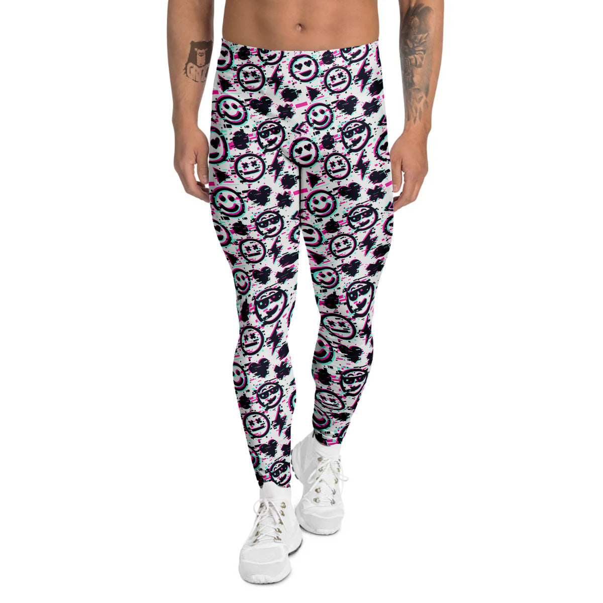 Emoji Glitch Neon Print Pattern Men's Leggings-grizzshop