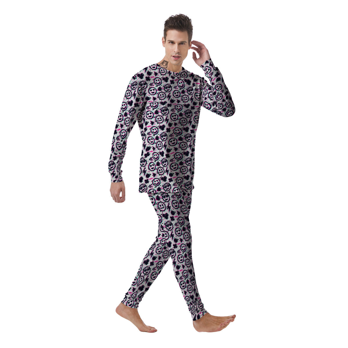 Emoji Glitch Neon Print Pattern Men's Pajamas-grizzshop