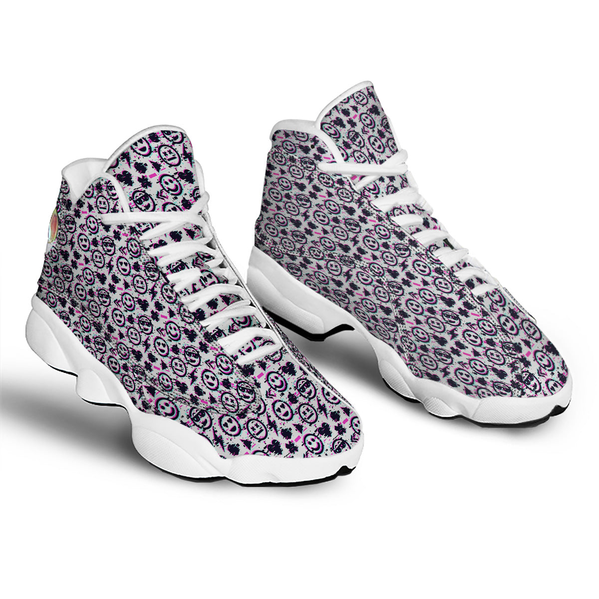 Emoji Glitch Neon Print Pattern White Basketball Shoes-grizzshop