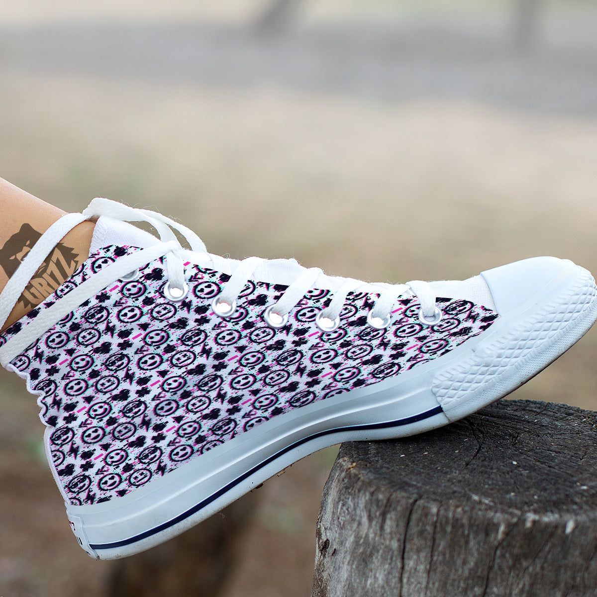 Emoji Glitch Neon Print Pattern White High Top Shoes-grizzshop