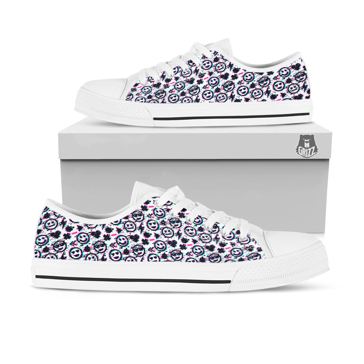 Emoji Glitch Neon Print Pattern White Low Top Shoes-grizzshop