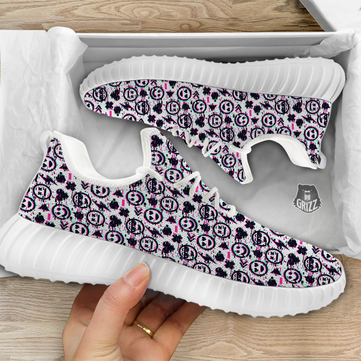 Emoji Glitch Neon Print Pattern White Walking Shoes-grizzshop