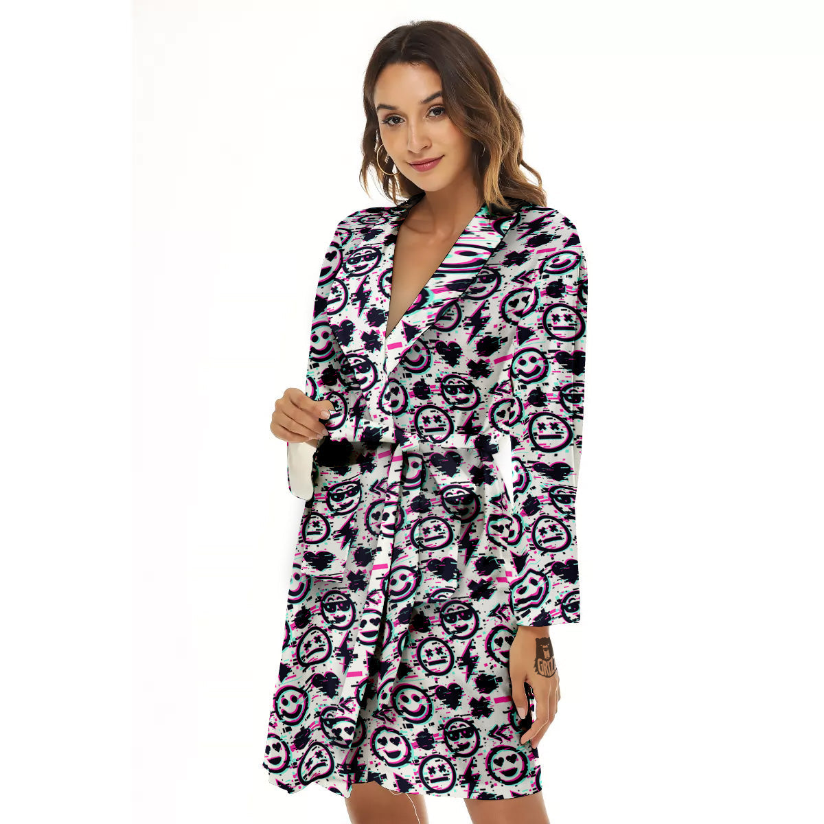 Emoji Glitch Neon Print Pattern Women's Robe-grizzshop