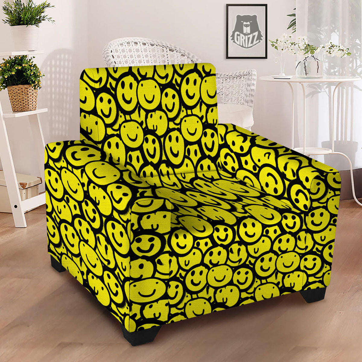 Emoji Graffiti Happy Print Pattern Armchair Slipcover-grizzshop