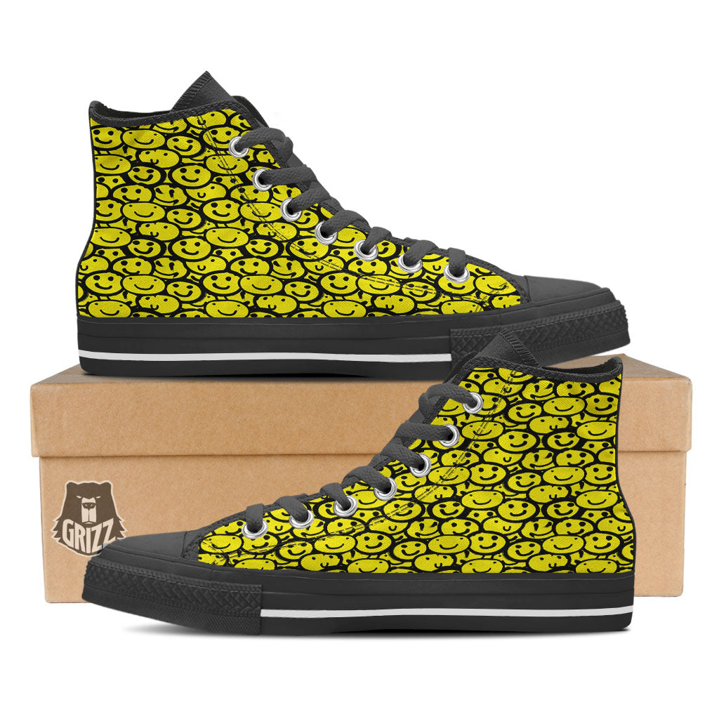 Emoji Graffiti Happy Print Pattern Black High Top Shoes-grizzshop