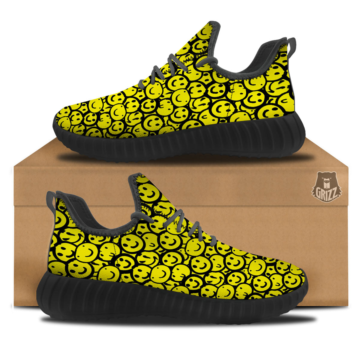 Emoji Graffiti Happy Print Pattern Black Walking Shoes-grizzshop