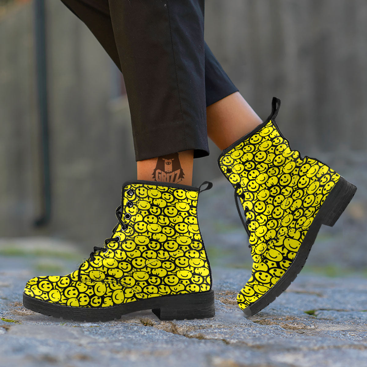 Emoji Graffiti Happy Print Pattern Leather Boots-grizzshop