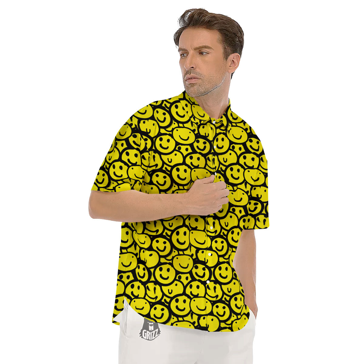 Emoji Graffiti Happy Print Pattern Men's Short Sleeve Shirts-grizzshop