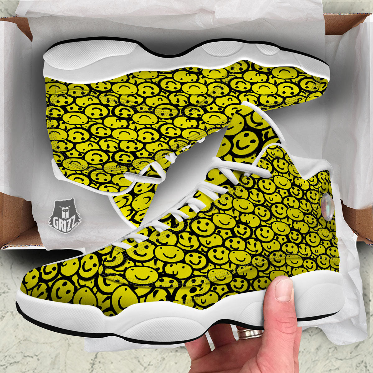 Emoji Graffiti Happy Print Pattern White Basketball Shoes-grizzshop