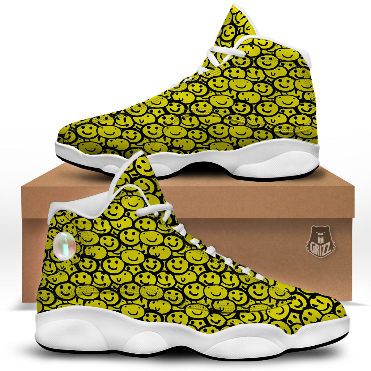 Emoji Graffiti Happy Print Pattern White Basketball Shoes-grizzshop