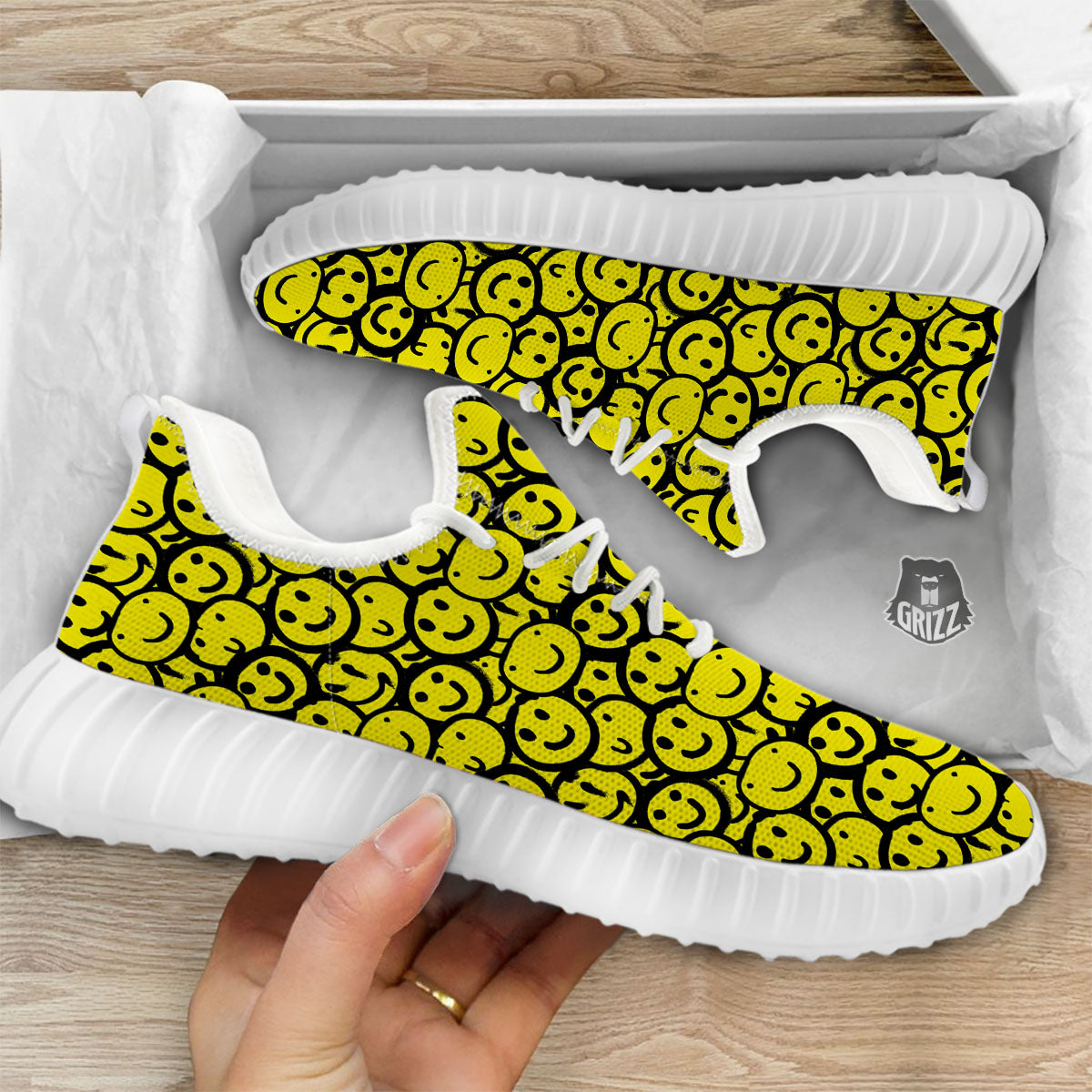 Emoji Graffiti Happy Print Pattern White Walking Shoes-grizzshop