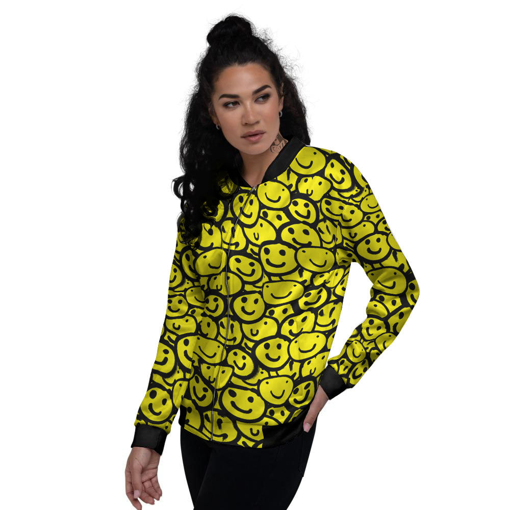 Emoji Graffiti Happy Print Pattern Women's Bomber Jacket-grizzshop