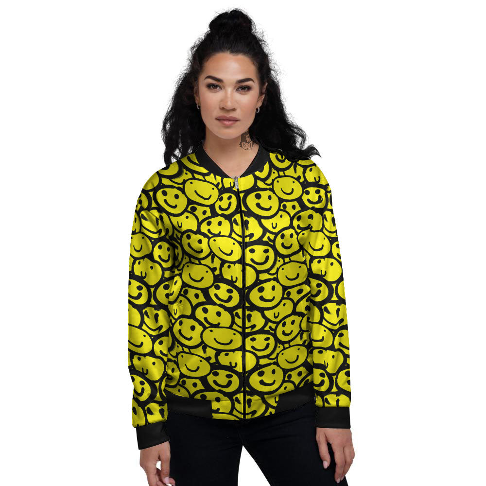 Emoji Graffiti Happy Print Pattern Women's Bomber Jacket-grizzshop