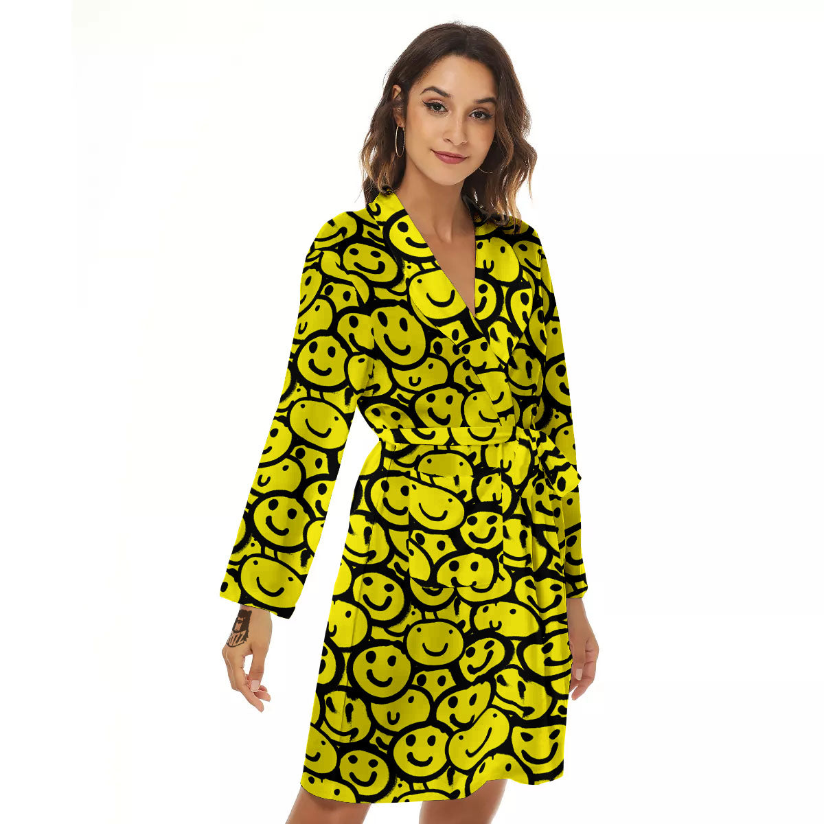 Emoji Graffiti Happy Print Pattern Women's Robe-grizzshop