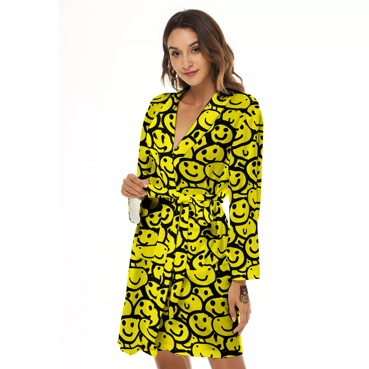 Emoji Graffiti Happy Print Pattern Women's Robe-grizzshop