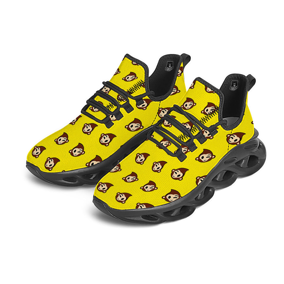 Emoji Monkey Print Pattern Black Running Shoes-grizzshop