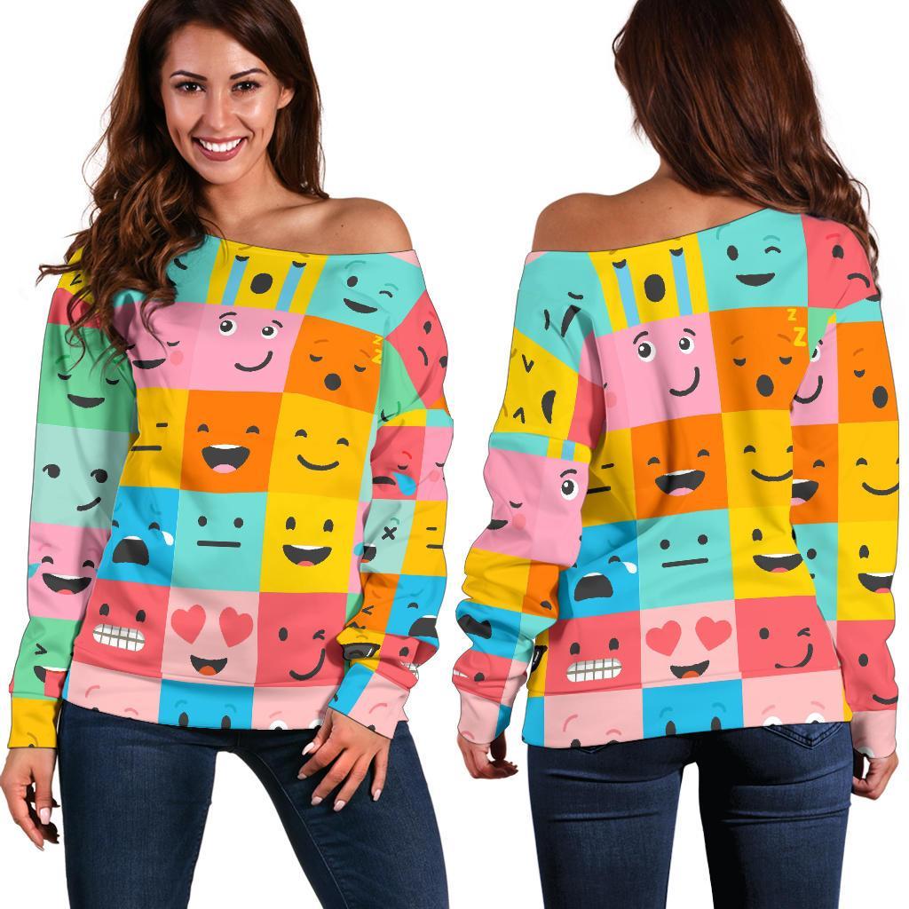 Emoji Pattern Print Women Off Shoulder Sweatshirt-grizzshop