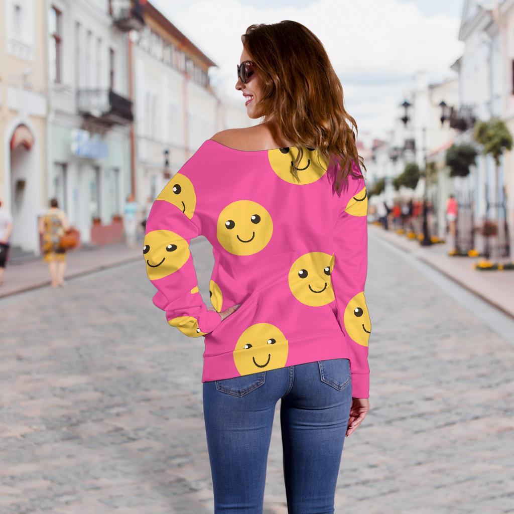 Emoji Pink Pattern Print Women Off Shoulder Sweatshirt-grizzshop