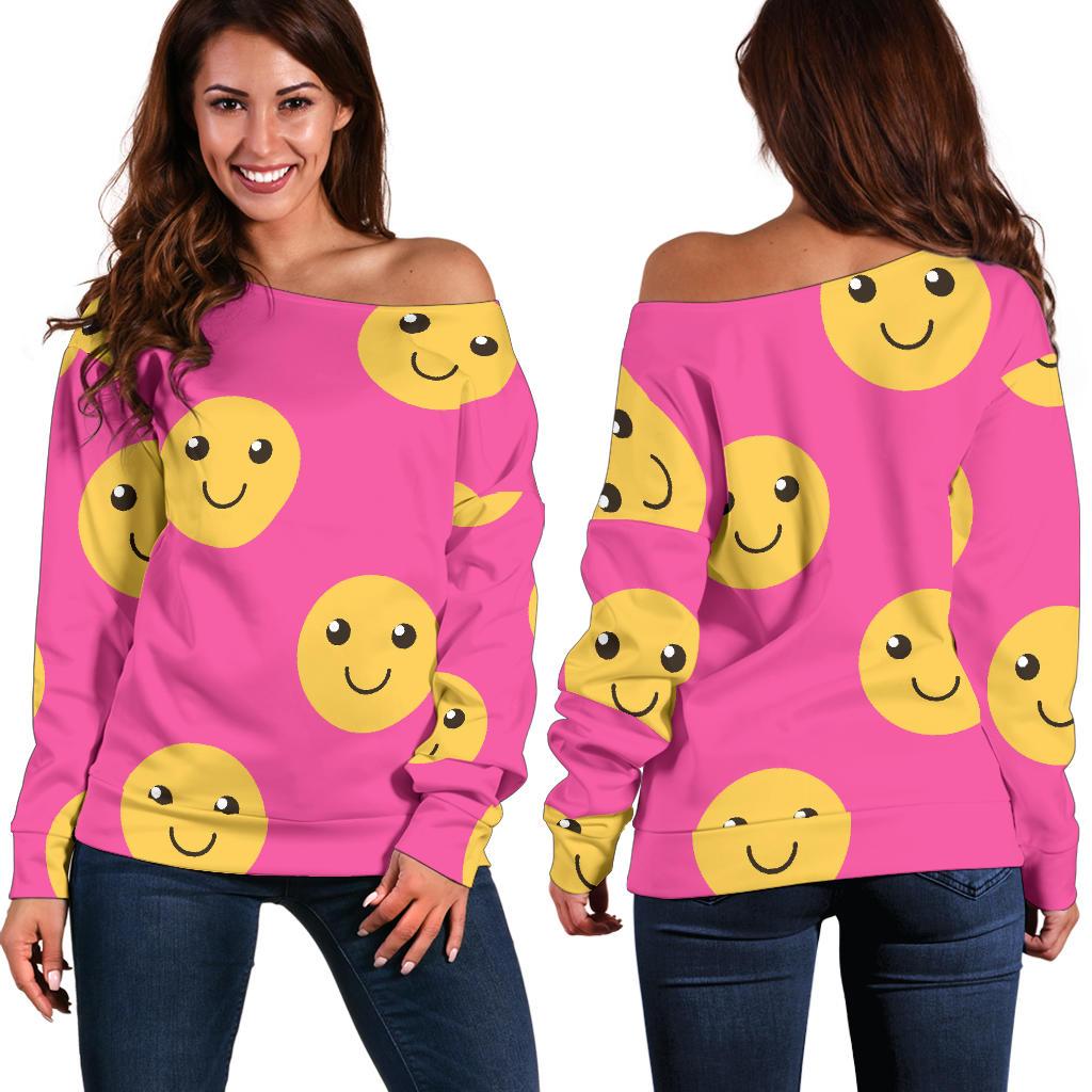 Emoji Pink Pattern Print Women Off Shoulder Sweatshirt-grizzshop