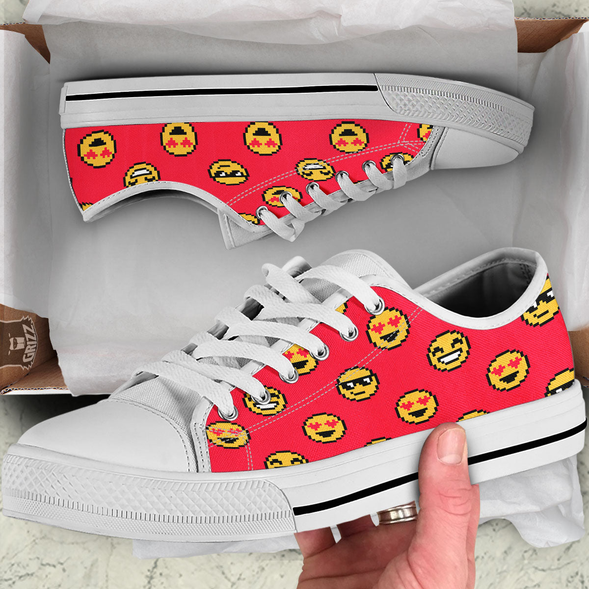 Emoji Pixel Print Pattern White Low Top Shoes-grizzshop