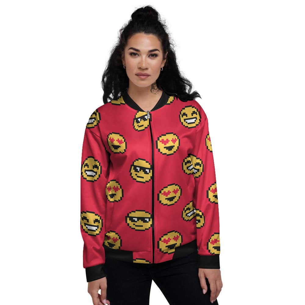 Emoji Pixel Print Pattern Women's Bomber Jacket-grizzshop