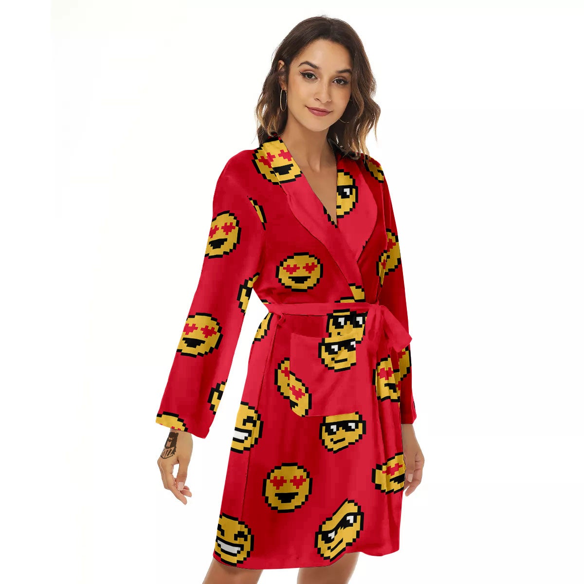 Emoji Pixel Print Pattern Women's Robe-grizzshop