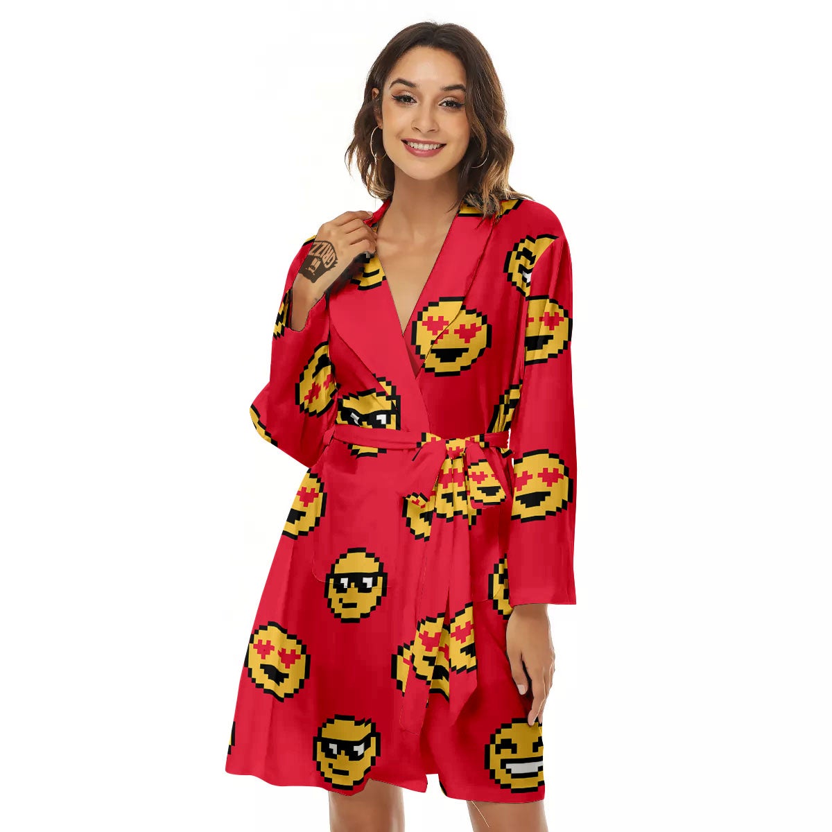 Emoji Pixel Print Pattern Women's Robe-grizzshop