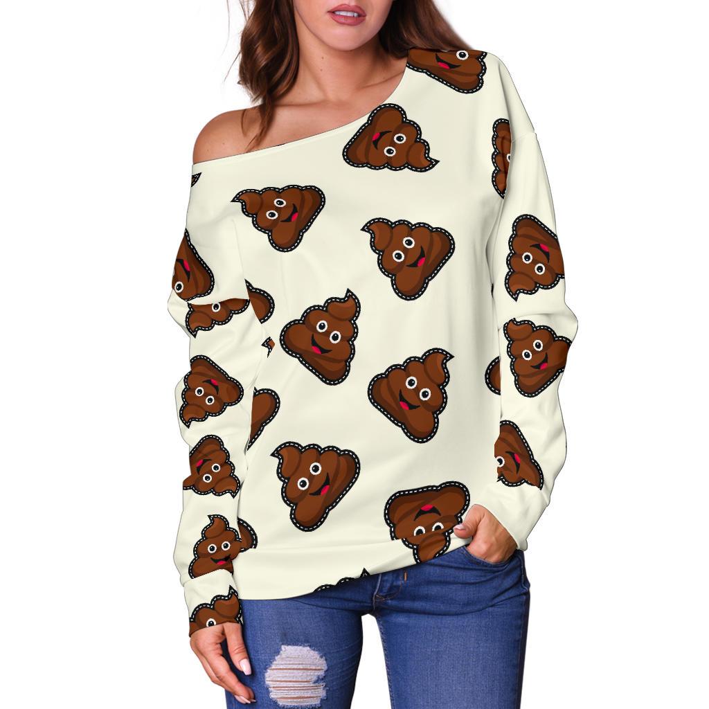 Emoji Poop Pattern Print Women Off Shoulder Sweatshirt-grizzshop