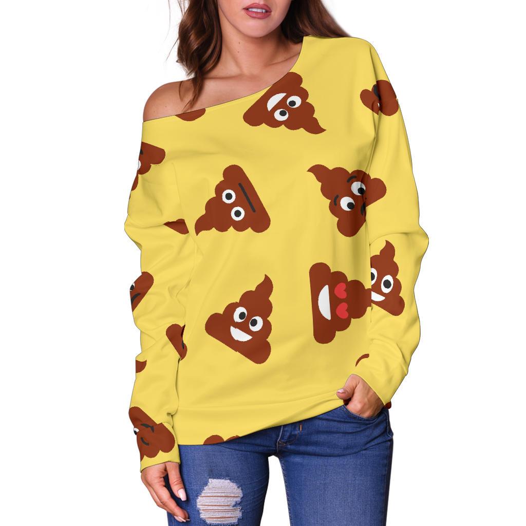 Emoji Poop Print Pattern Women Off Shoulder Sweatshirt-grizzshop