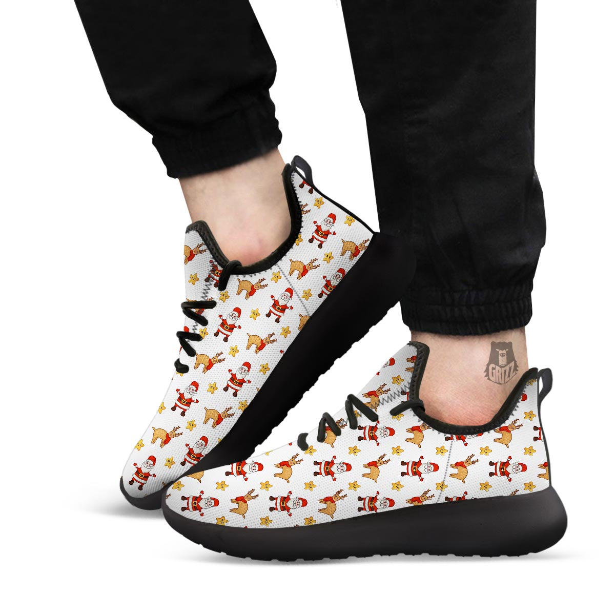 Emoji Reindeer And Santa Claus Print Pattern Black Athletic Shoes-grizzshop