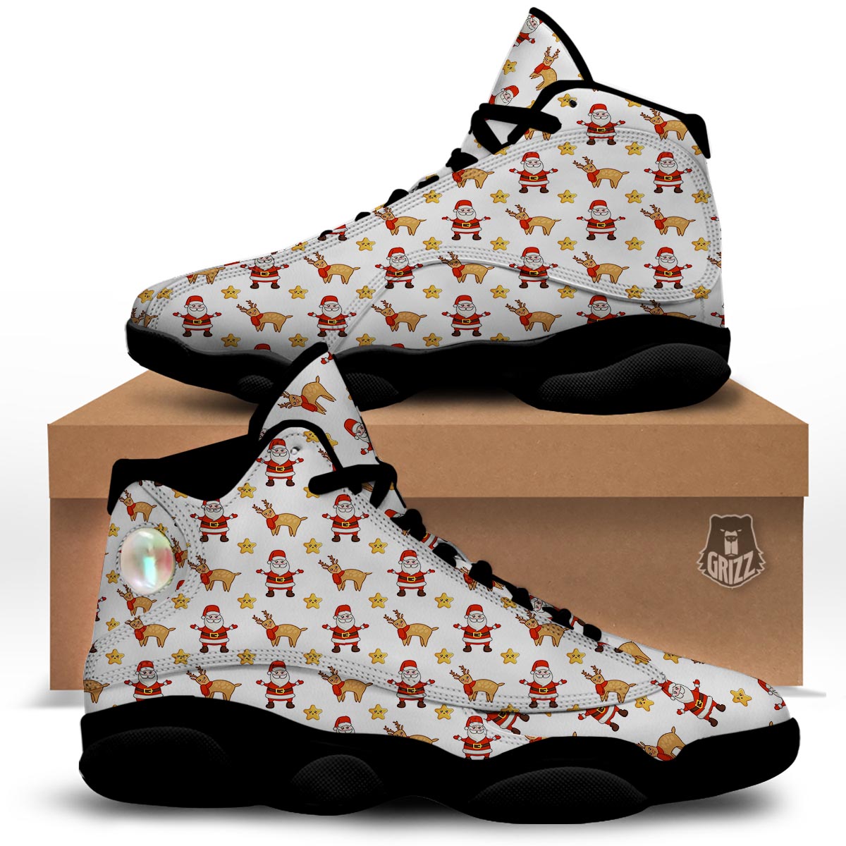 Emoji Reindeer And Santa Claus Print Pattern Black Basketball Shoes-grizzshop