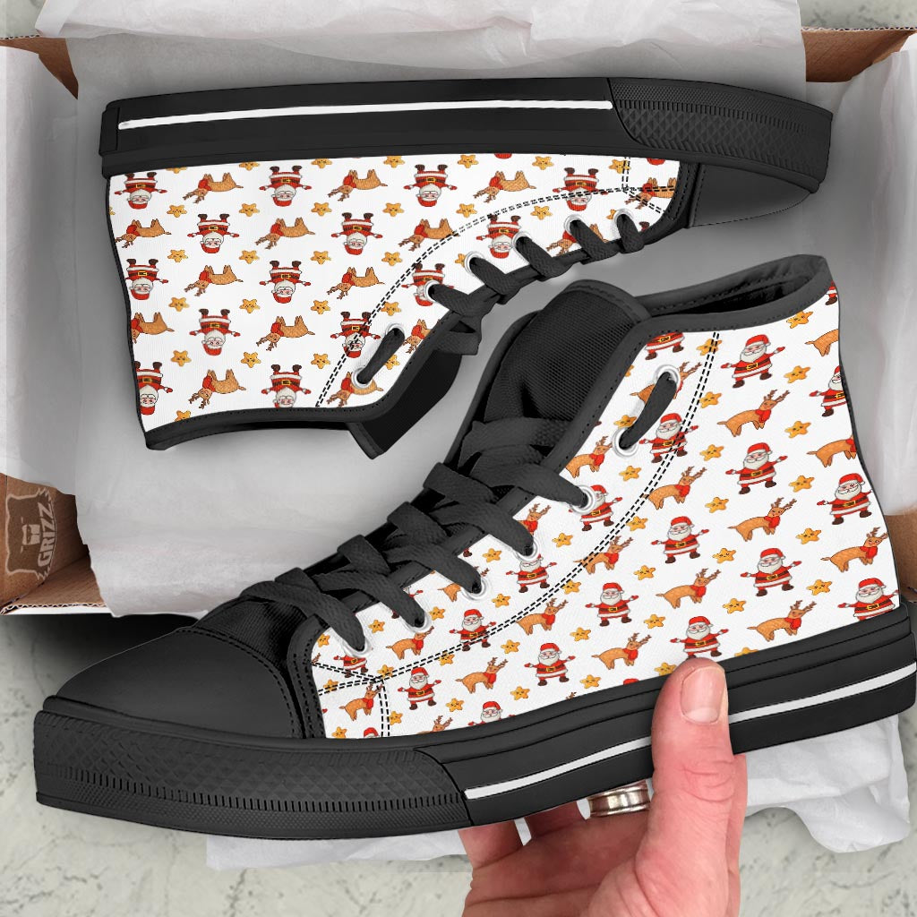 Emoji Reindeer And Santa Claus Print Pattern Black High Top Shoes-grizzshop