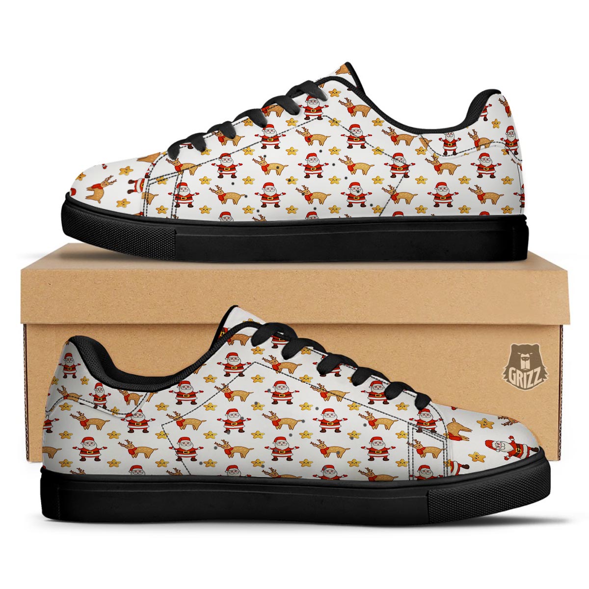 Emoji Reindeer And Santa Claus Print Pattern Black Low Top Sneakers-grizzshop
