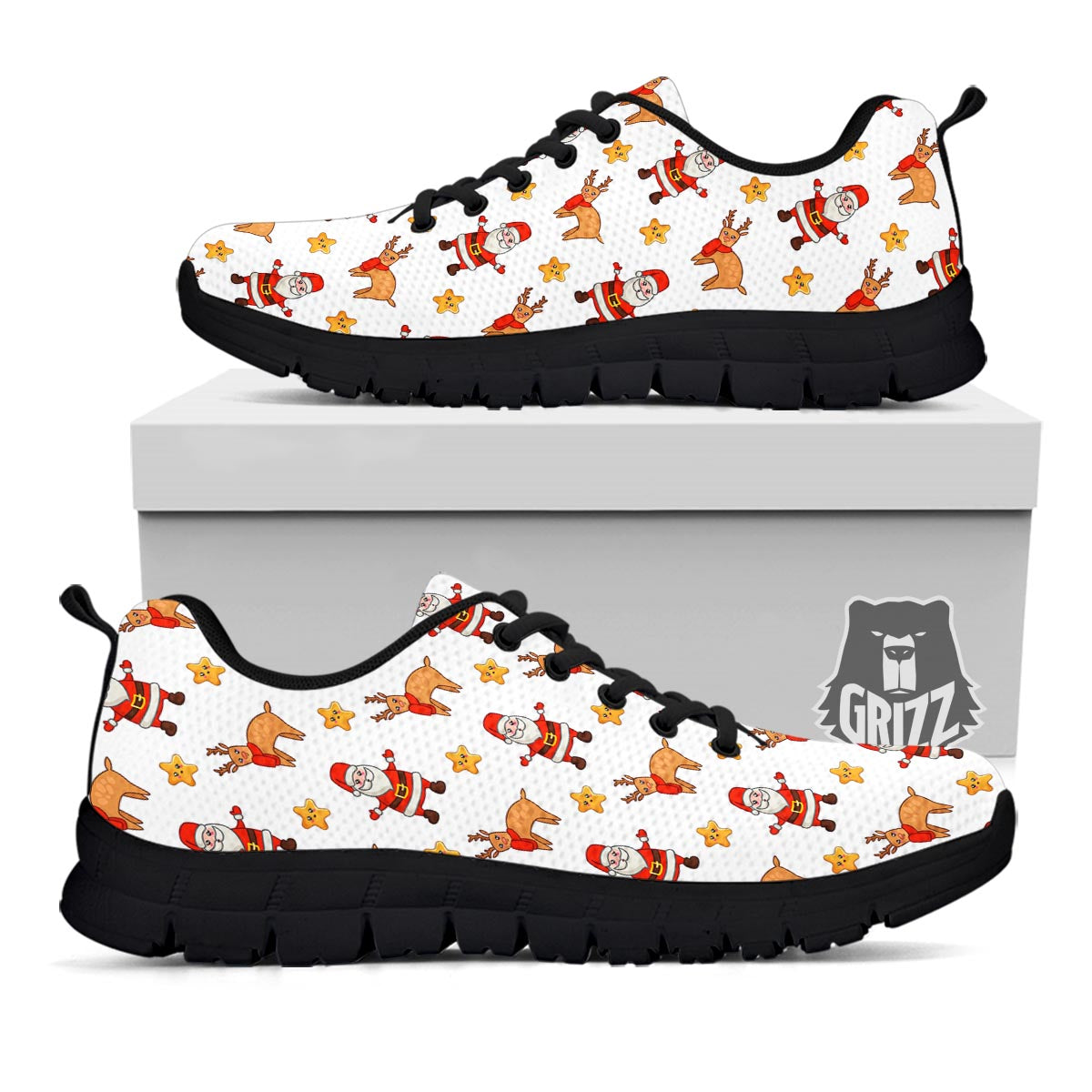 Emoji Reindeer And Santa Claus Print Pattern Black Sneaker-grizzshop