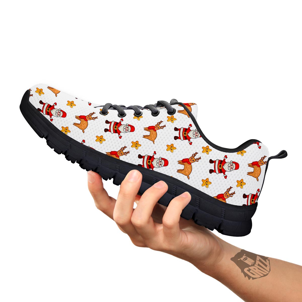 Emoji Reindeer And Santa Claus Print Pattern Black Sneaker-grizzshop