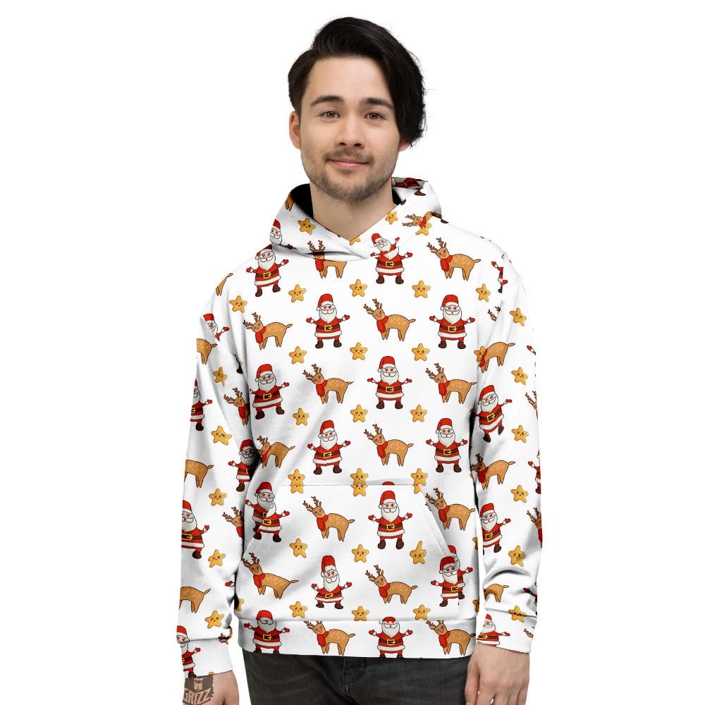 Emoji Reindeer And Santa Claus Print Pattern Men's Hoodie-grizzshop