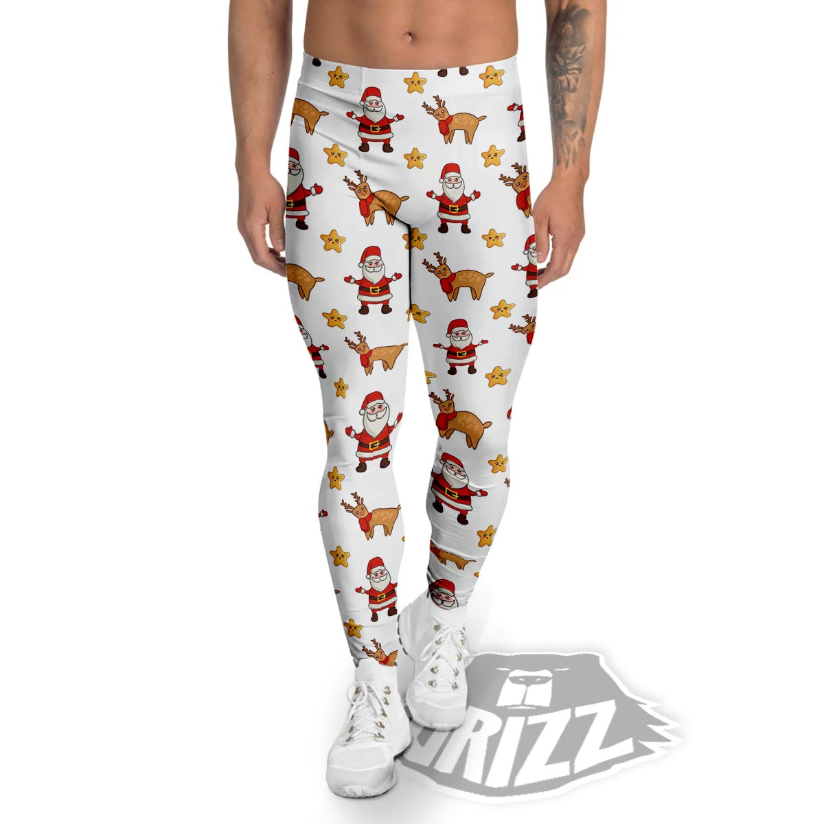 Emoji Reindeer And Santa Claus Print Pattern Men's Leggings-grizzshop