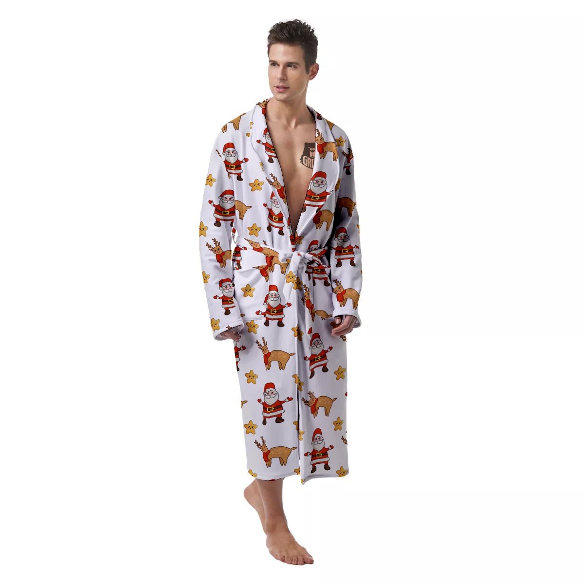 Emoji Reindeer And Santa Claus Print Pattern Men's Robe-grizzshop