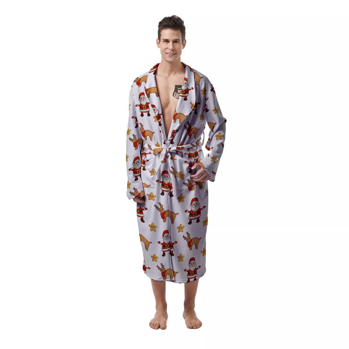Emoji Reindeer And Santa Claus Print Pattern Men's Robe-grizzshop