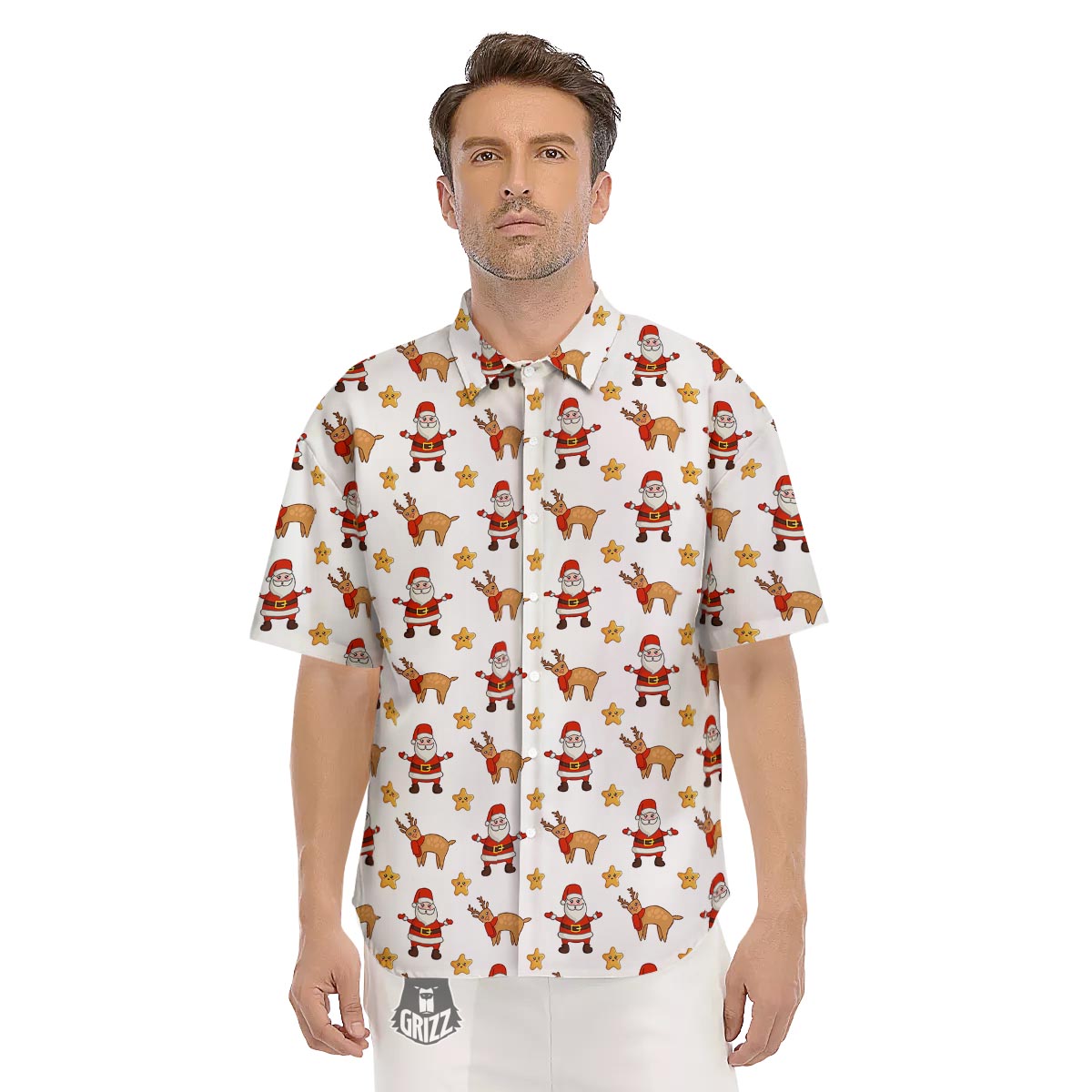 Emoji Reindeer And Santa Claus Print Pattern Men's Short Sleeve Shirts-grizzshop