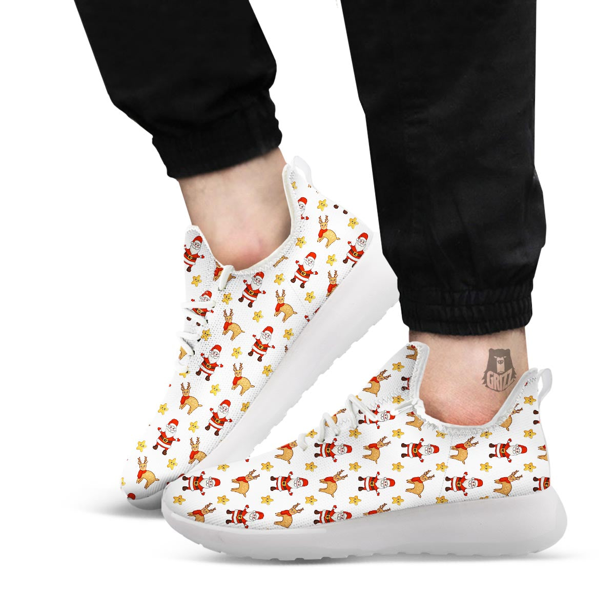 Emoji Reindeer And Santa Claus Print Pattern White Athletic Shoes-grizzshop