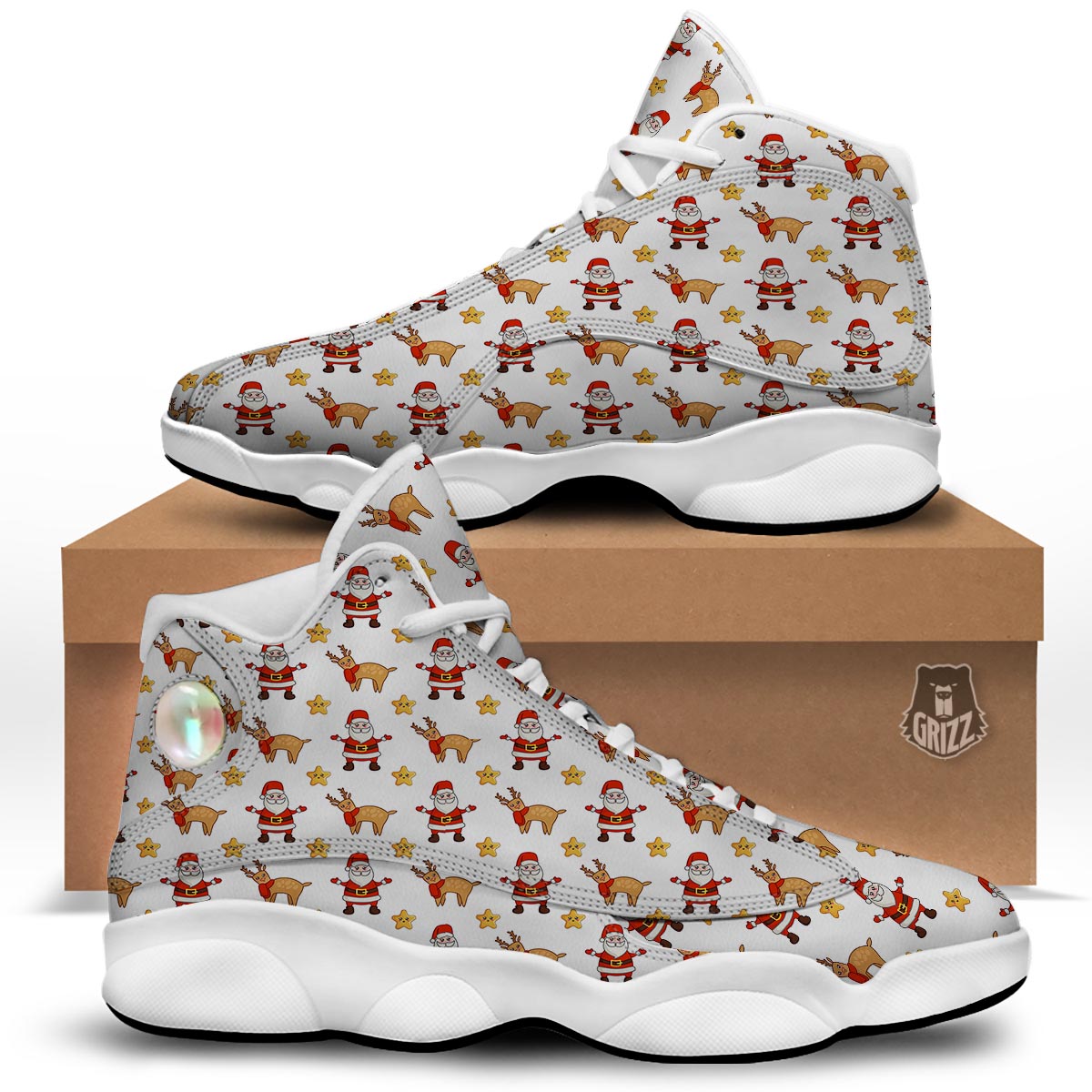 Emoji Reindeer And Santa Claus Print Pattern White Basketball Shoes-grizzshop
