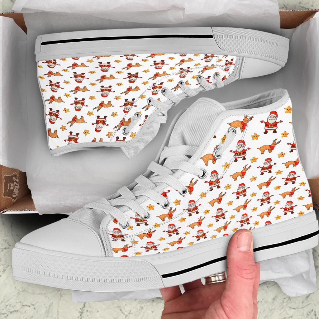 Emoji Reindeer And Santa Claus Print Pattern White High Top Shoes-grizzshop