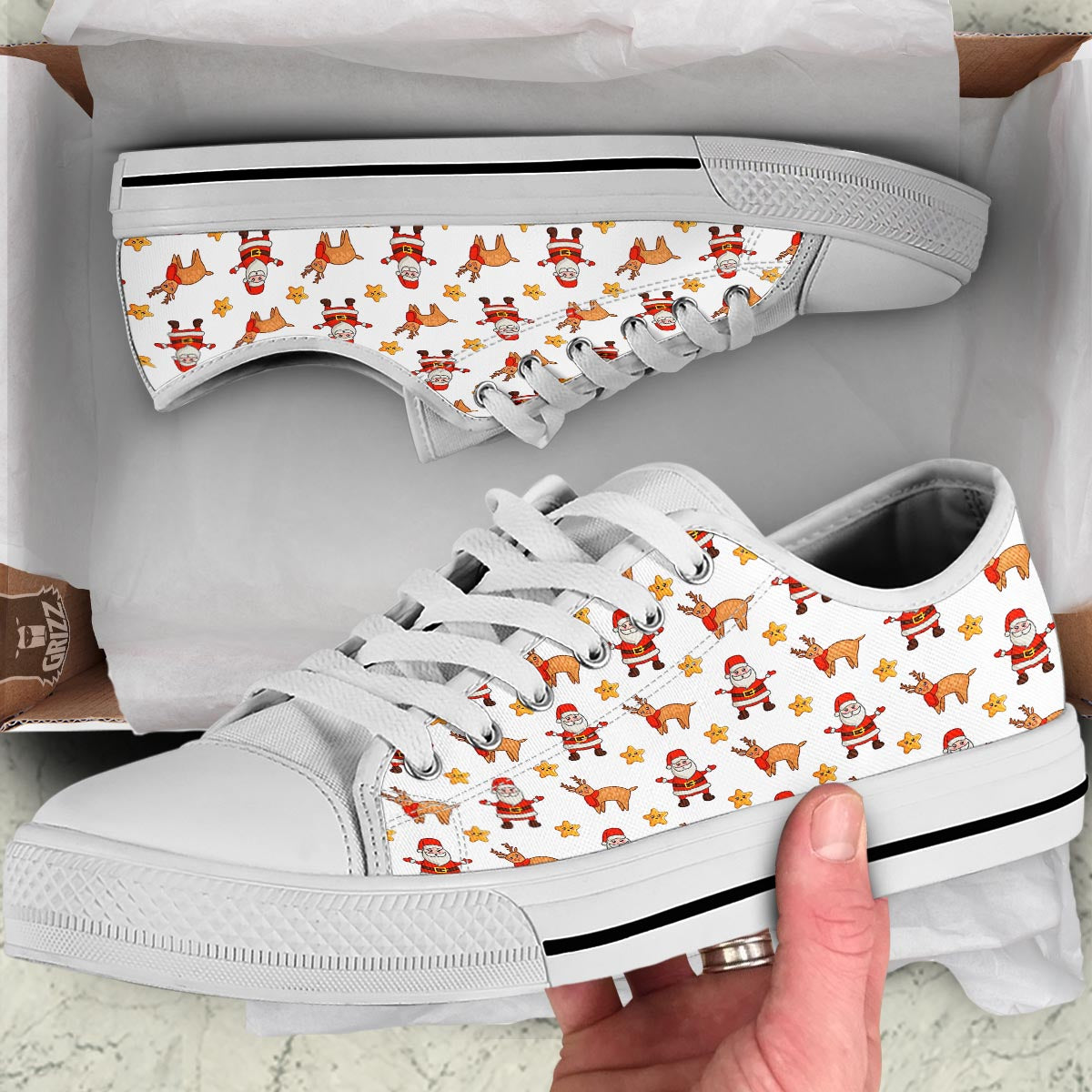 Emoji Reindeer And Santa Claus Print Pattern White Low Top Shoes-grizzshop